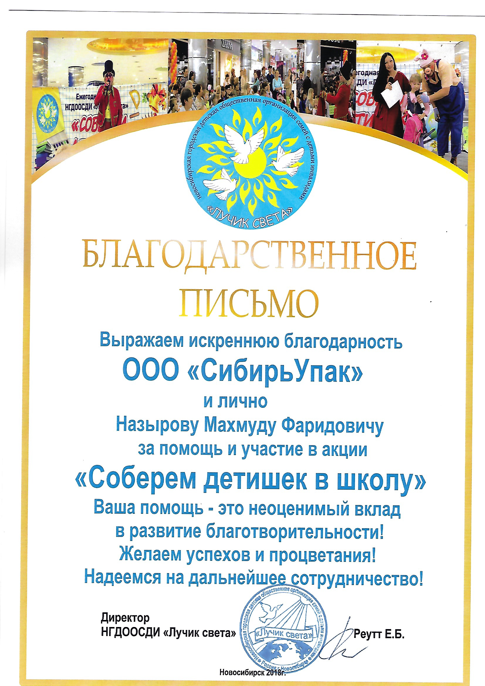 Благодарственное письмо от НГДООСДИ Лучик света