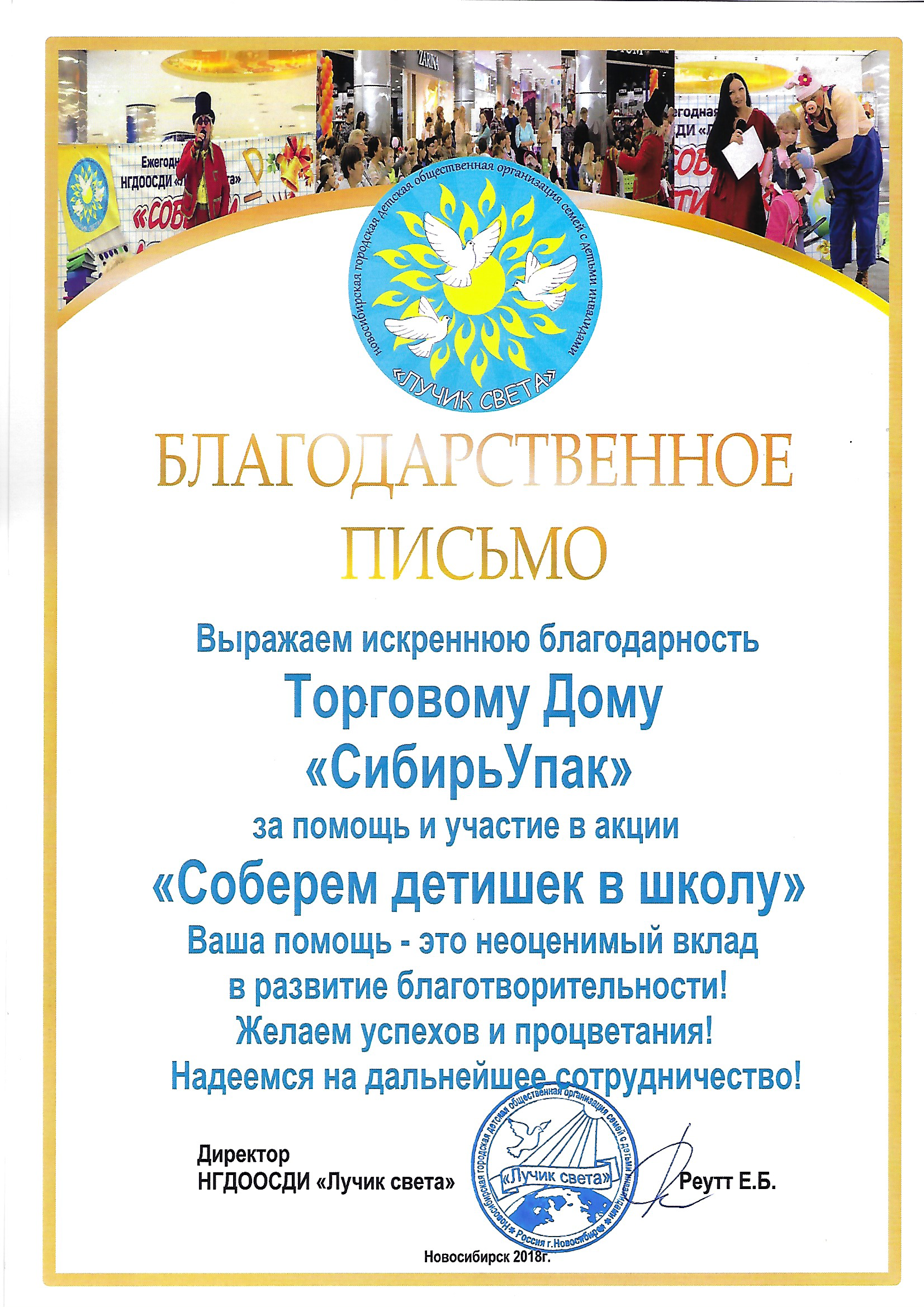 Благодарственное письмо от НГДООСДИ Лучик света
